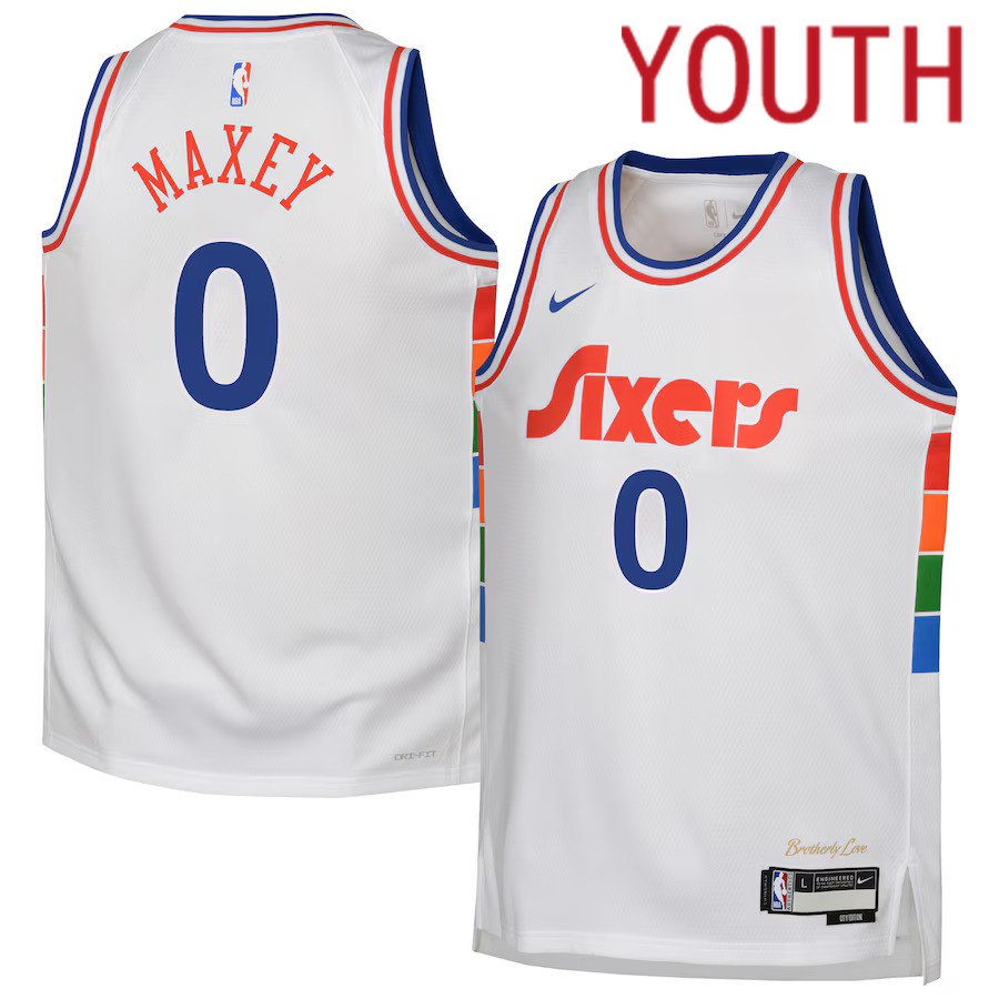 Youth Philadelphia 76ers #0 Tyrese Maxey Nike White City Edition 2024-25 Swingman Player NBA Jersey->youth nba jersey->Youth Jersey